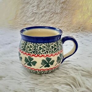 Polish Pottery Boleslawiec 1 Pc Bubble Mug Lucky Clovers Pattern Handmade  NEW